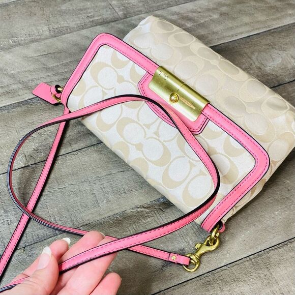 Coach Wristlet Handbag S Kristin Beige Signature Canvas Pink Leather Trim - Picture 9 of 9